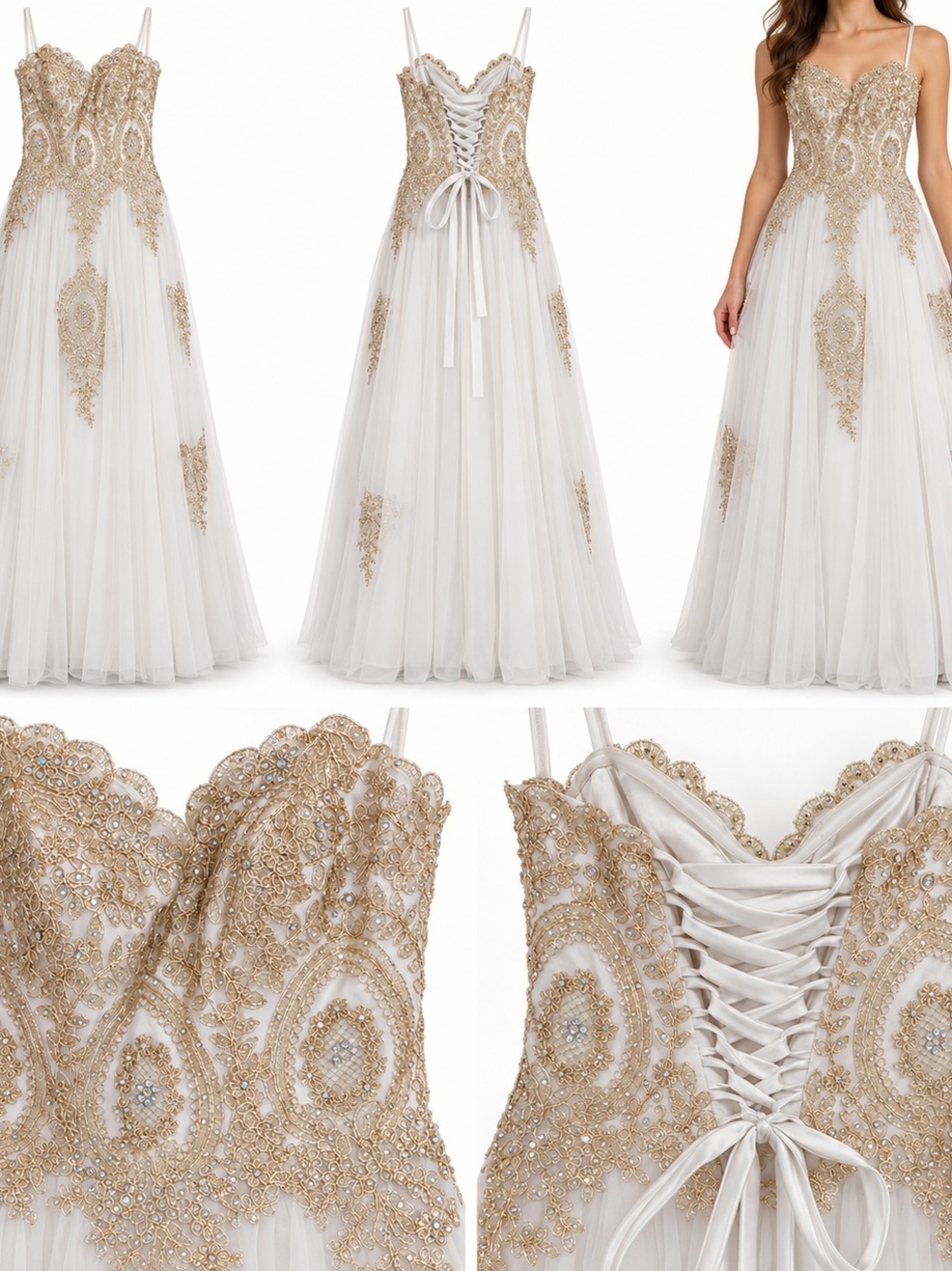 Sherri Hill White Tulle Prom Dress with Gold Embellished Bodice